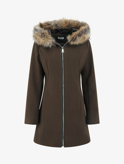 Manteau long à capuche ornée de fourrure synthétique - Marron - 1