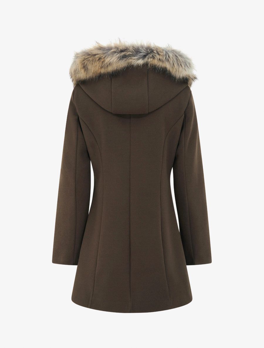 Manteau long à capuche ornée de fourrure synthétique - Marron - 2