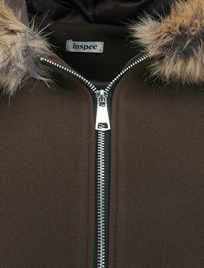 Manteau long à capuche ornée de fourrure synthétique - Marron - 3