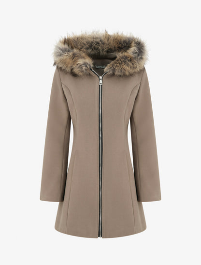 Manteau long à capuche ornée de fourrure synthétique - Taupe - 1
