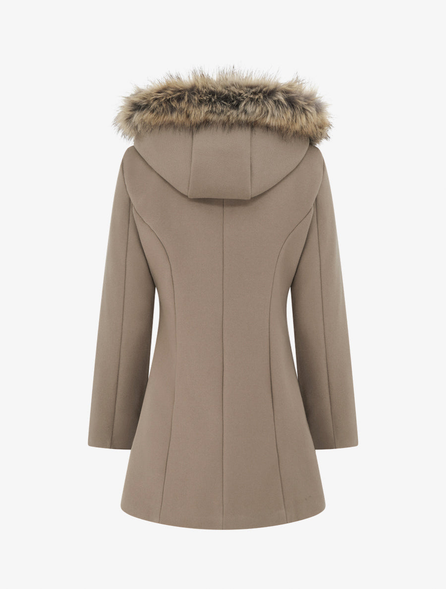 Manteau long à capuche ornée de fourrure synthétique - Taupe - 2