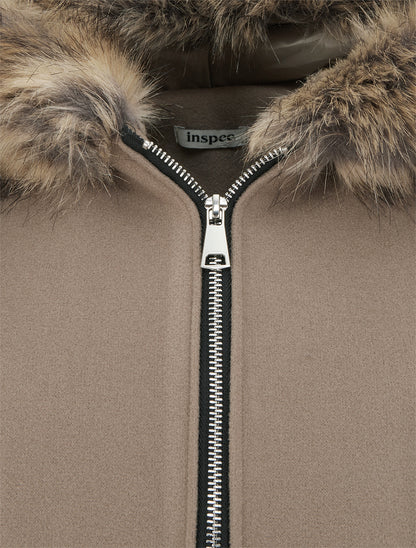Manteau long à capuche ornée de fourrure synthétique - Taupe - 3