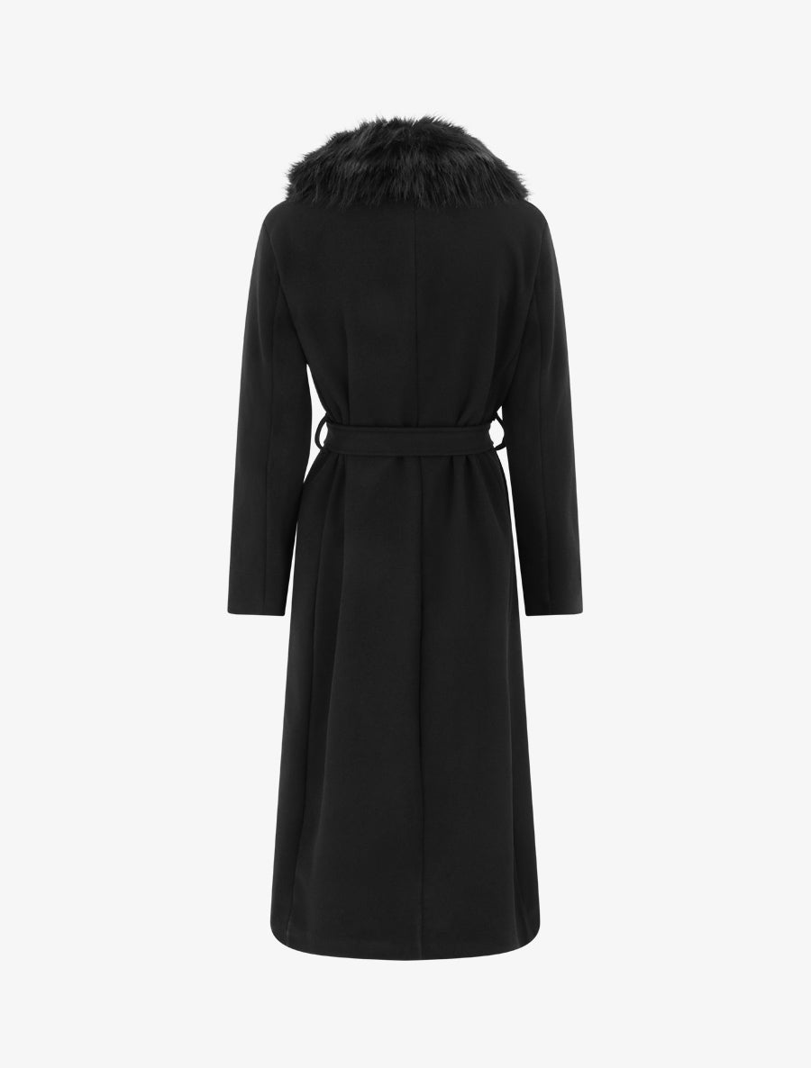 Manteau long ceinturé à fourrure synthétique amovible - Noir - 2