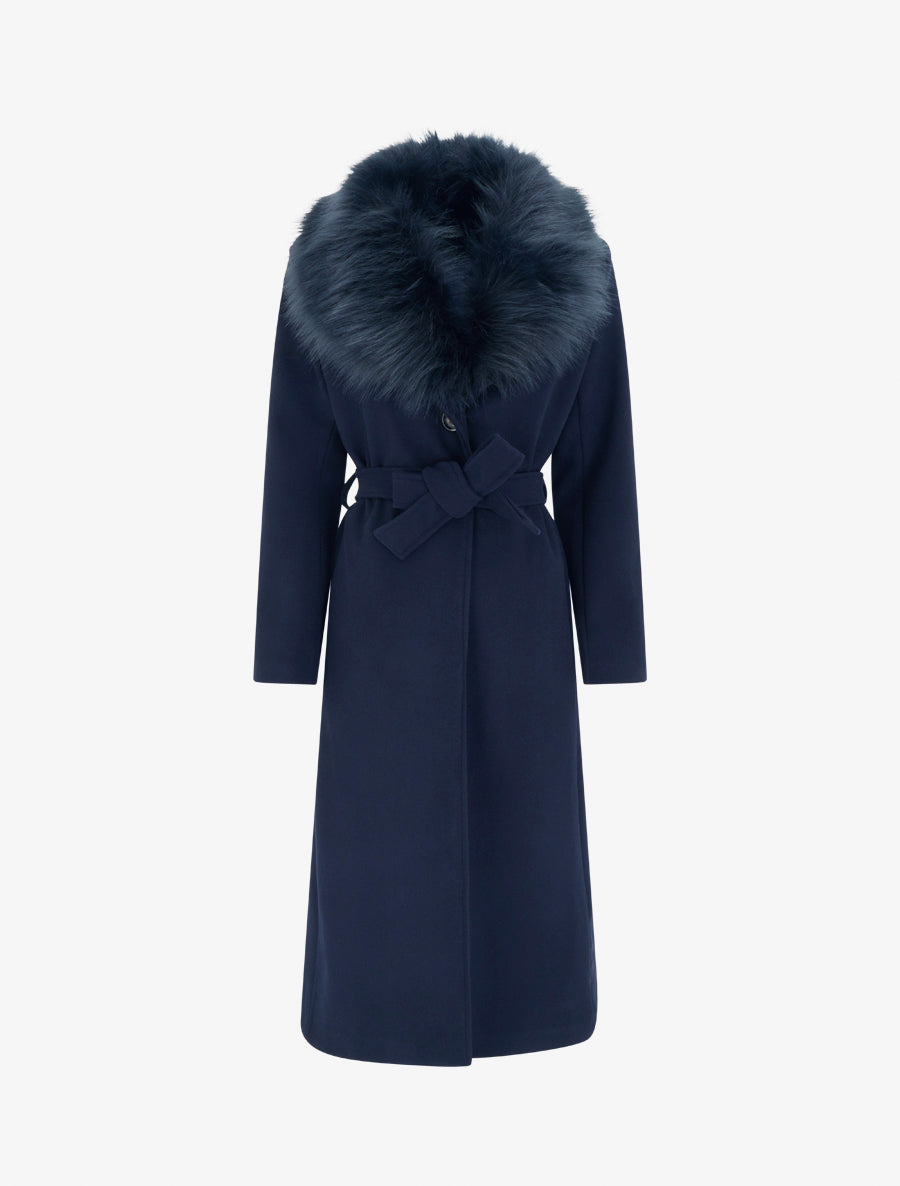 Manteau long ceinturé à fourrure synthétique amovible - Marine - 1