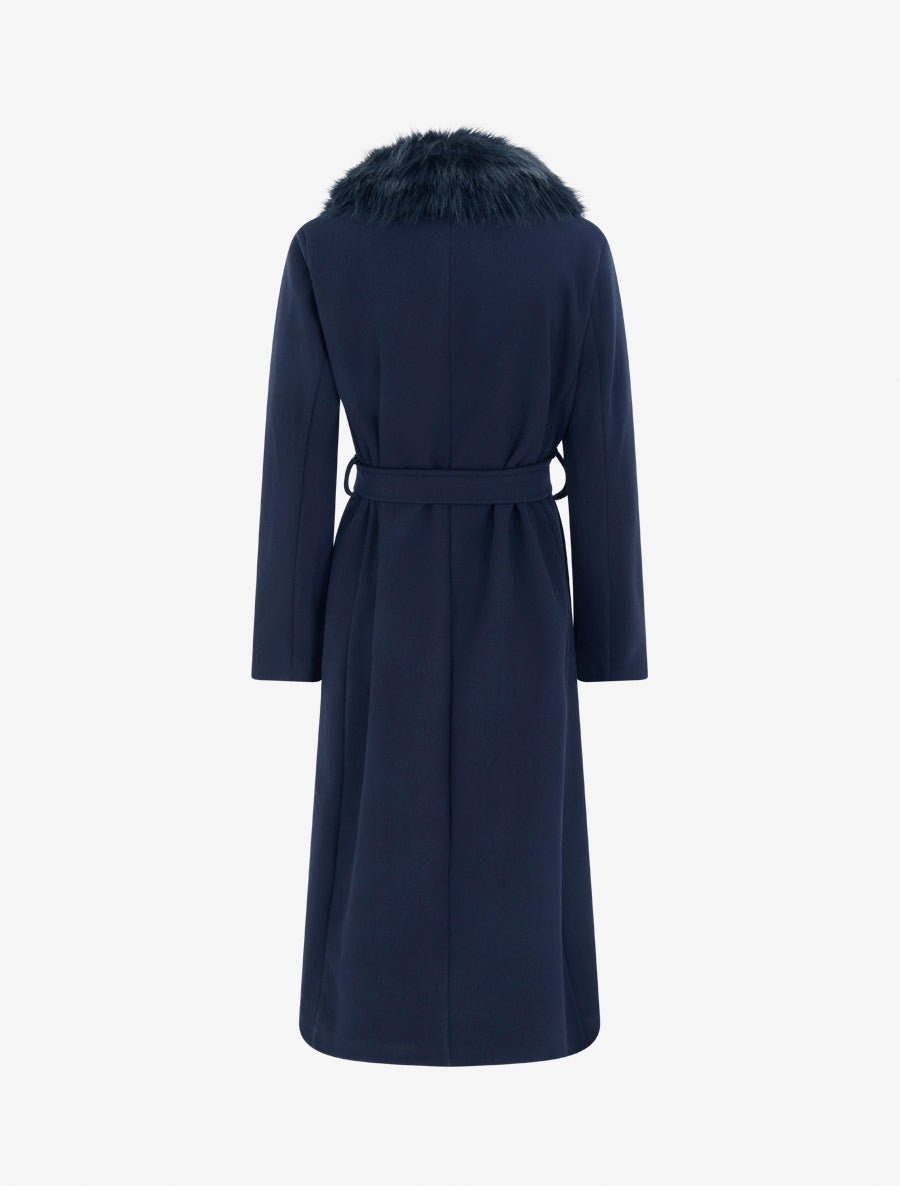 Manteau long ceinturé à fourrure synthétique amovible - Marine - 2