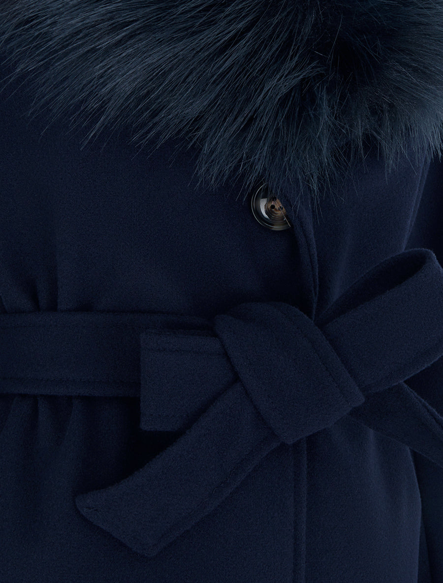 Manteau long ceinturé à fourrure synthétique amovible - Marine - 3