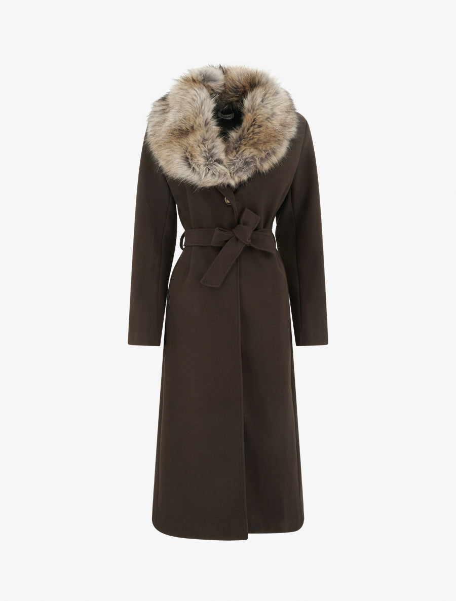 Manteau long ceinturé à fourrure synthétique amovible - Marron - 1
