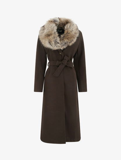 Manteau long ceinturé à fourrure synthétique amovible - Marron - 1