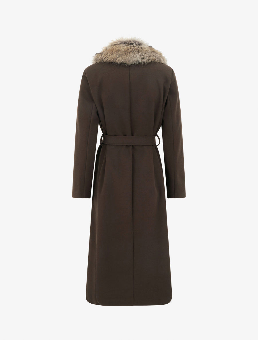 Manteau long ceinturé à fourrure synthétique amovible - Marron - 2
