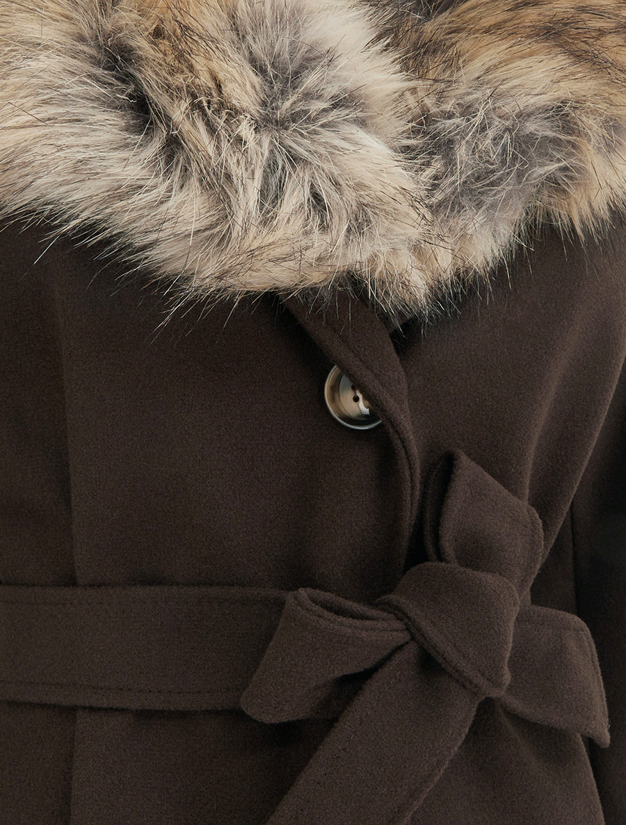 Manteau long ceinturé à fourrure synthétique amovible - Marron - 3