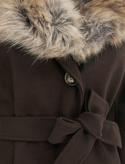 Manteau long ceinturé à fourrure synthétique amovible - Marron - 3