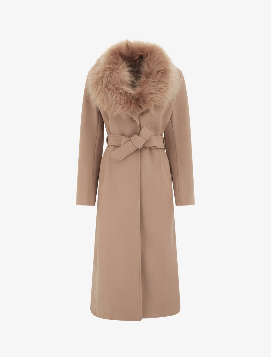 Manteau long ceinturé à fourrure synthétique amovible - Camel - 1