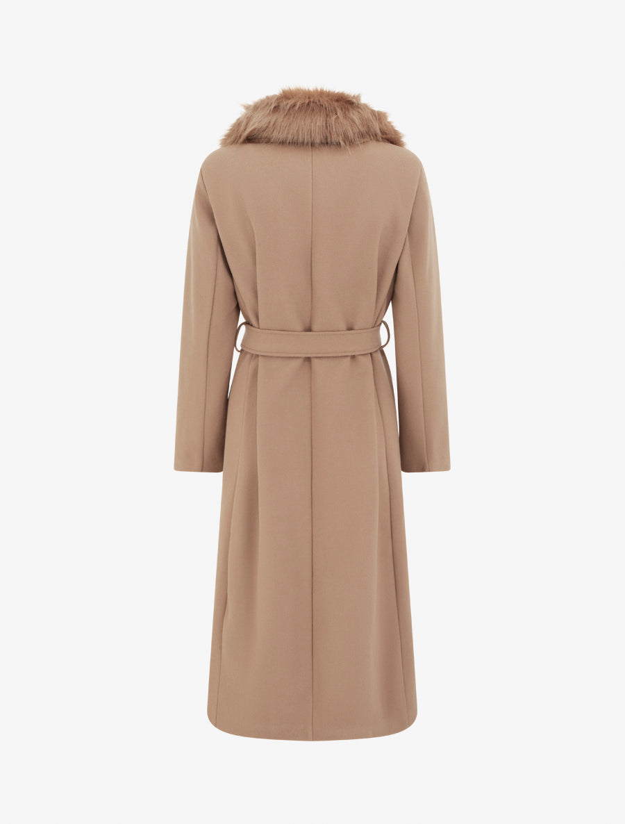 Manteau long ceinturé à fourrure synthétique amovible - Camel - 2