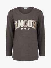 Pull uni floqué à col rond - Taupe foncé - 1