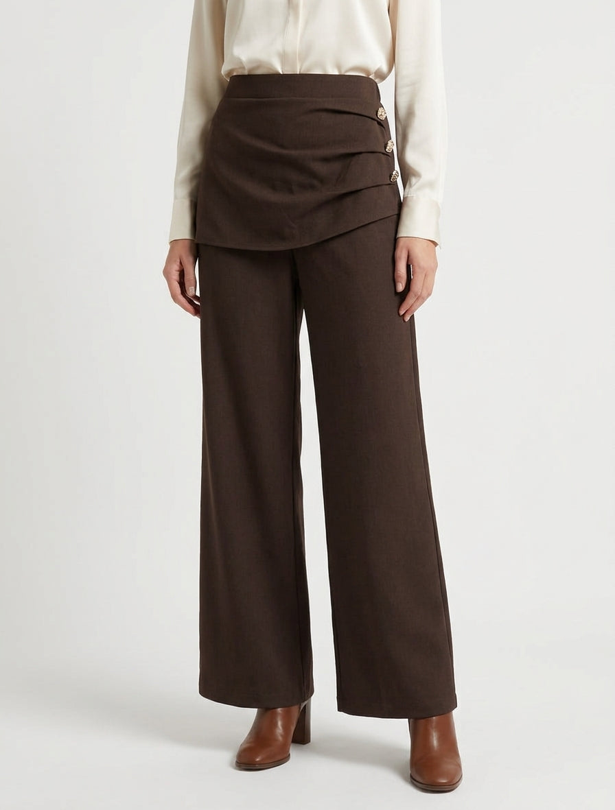 Weit geschnittene, hoch taillierte und drapierte Hose - Braun