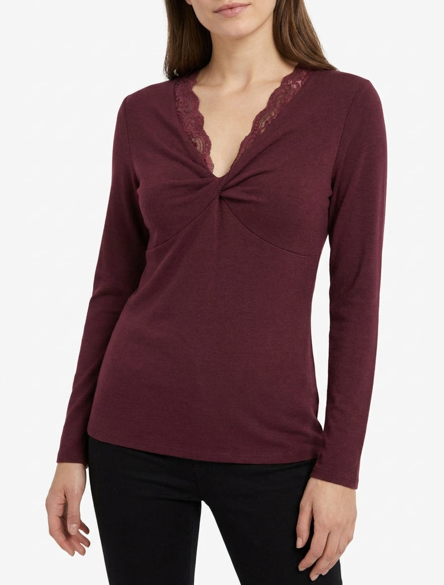 Feiner Pullover mit gebundenem Kragen - Bordeaux