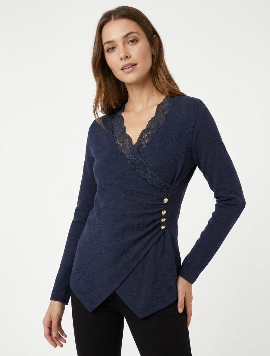 Feiner V-Ausschnitt-Pullover aus Spitze - Marine