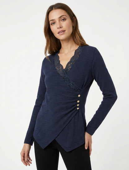 Feiner V-Ausschnitt-Pullover aus Spitze - Marine