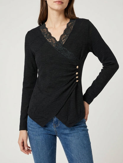 Feiner V-Ausschnitt-Pullover aus Spitze - Schwarz