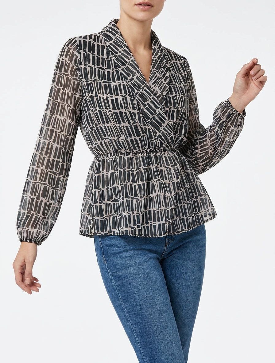 Wickelbluse mit Druckmuster - Schwarz