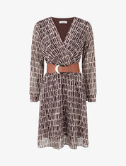 Robe mi-longue élastiquée imprimé graphique - Marron - 1