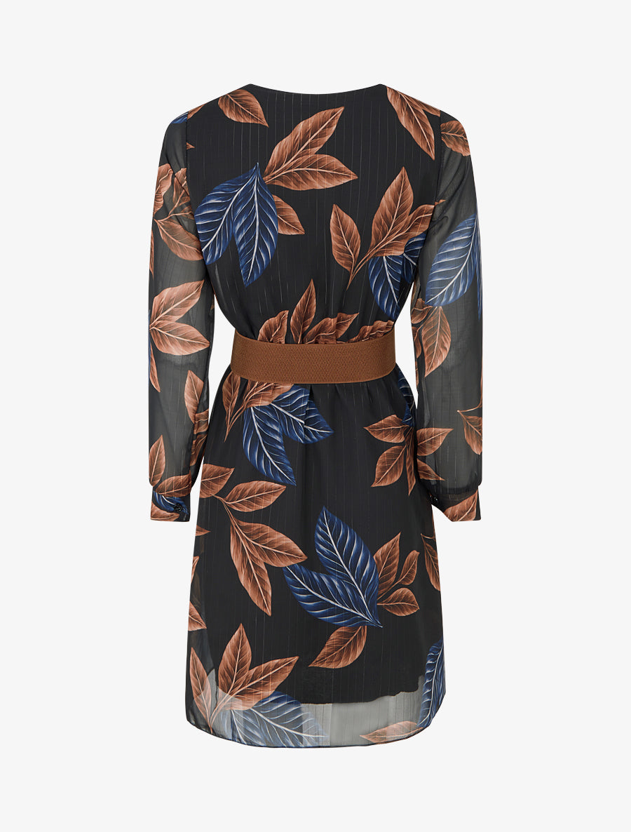 Robe mi-longue élastiquée imprimé feuilles - Noir - 2