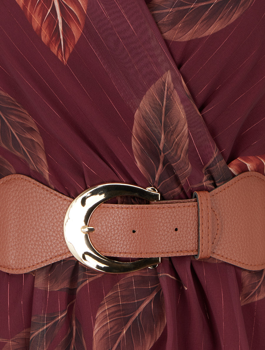 Robe mi-longue élastiquée imprimé feuilles - Lie de vin - 3
