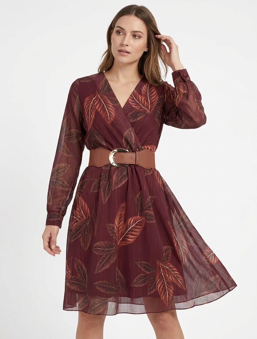 Elastisches Midikleid mit Blätterdruck - Weinrot