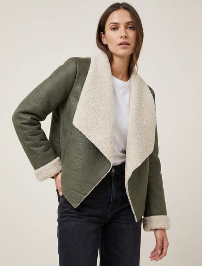 Fliegerjacke mit Schalkragen aus Kunstfell - Kaki