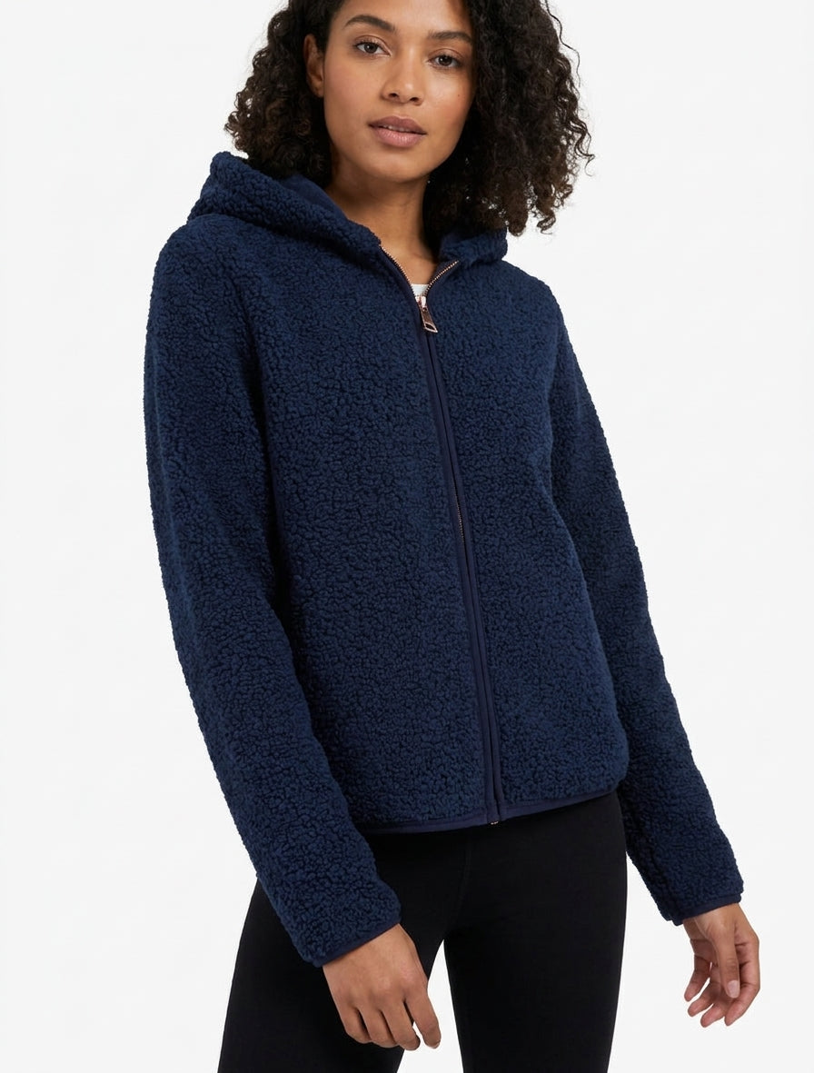 Reißverschluss-Kapuzenjacke im Bouclé-Woll-Look - Marine
