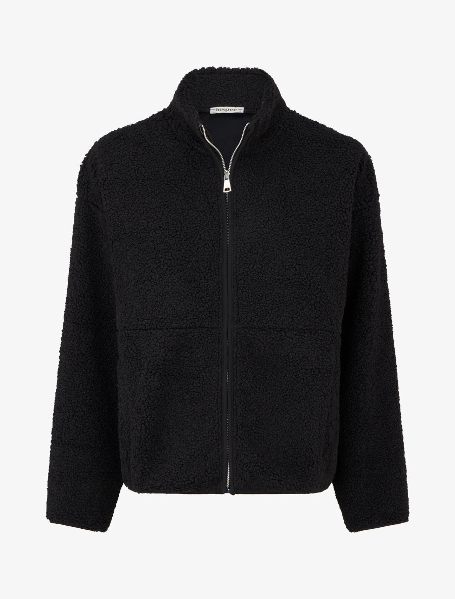 Veste effet laine bouclée à col montant - Noir - 1