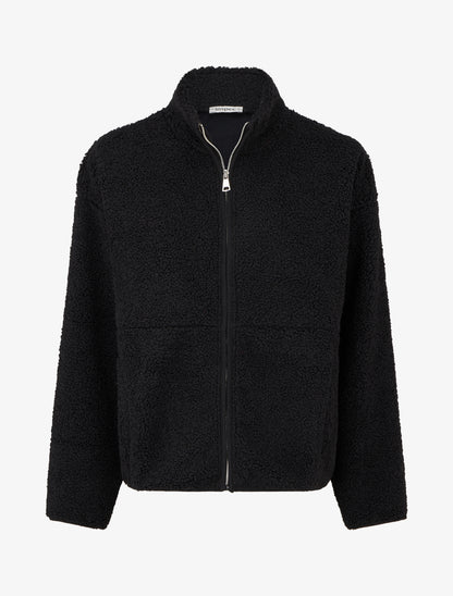 Veste effet laine bouclée à col montant - Noir - 1