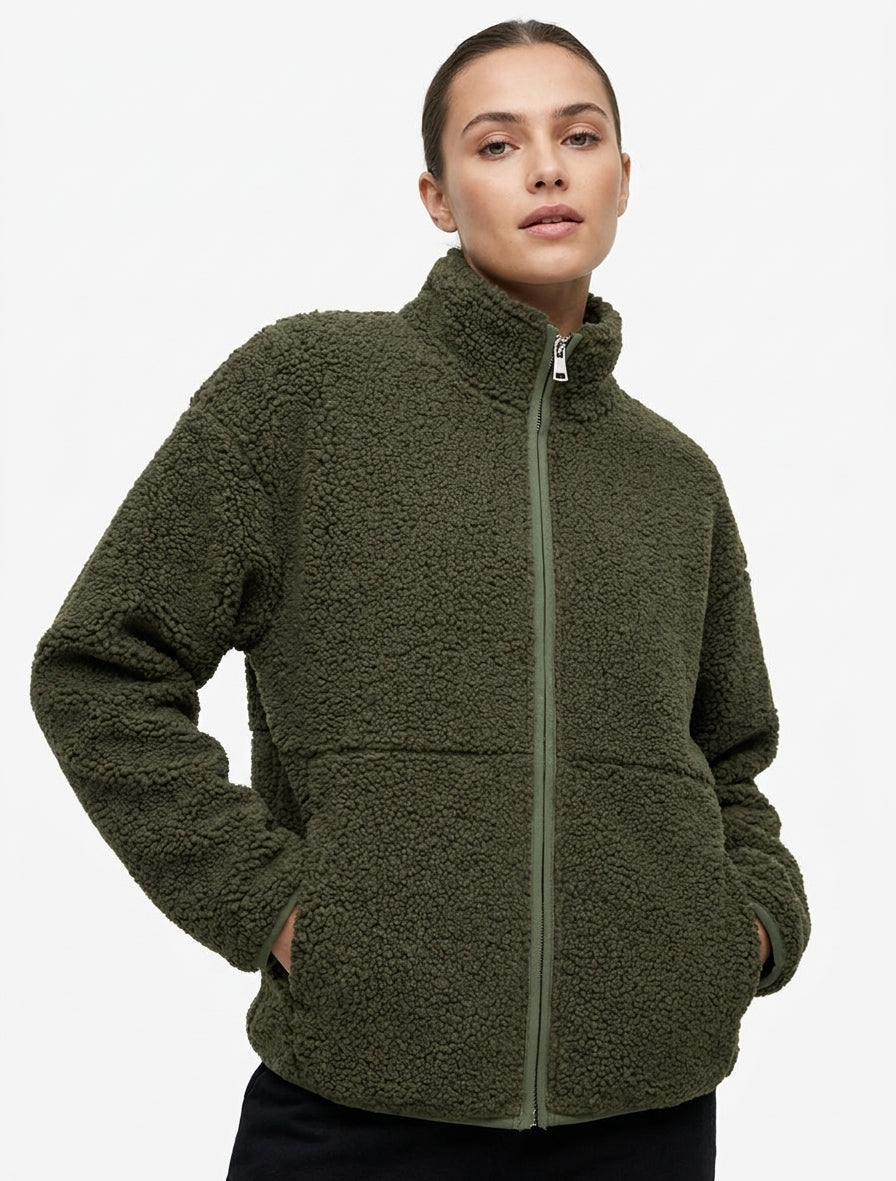 Jacke in Bouclé-Wolloptik mit Stehkragen - Kaki