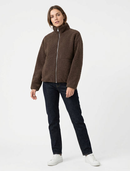 Jacke in Bouclé-Wolloptik mit Stehkragen - Braun