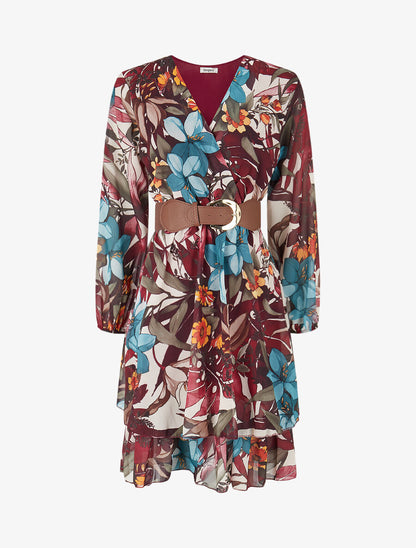 Robe à basque imprimé tropical - Lie de vin - 1