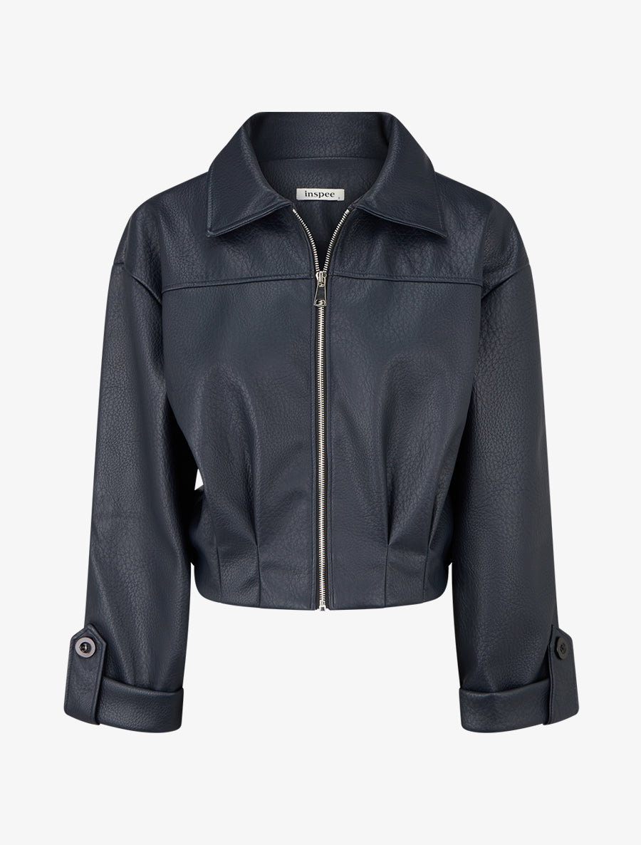 Blouson court en simili - Bleu nuit - 1
