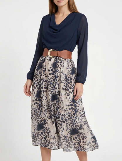Gerade geschnittenes Leopardenkleid mit langen Ärmeln - Marine