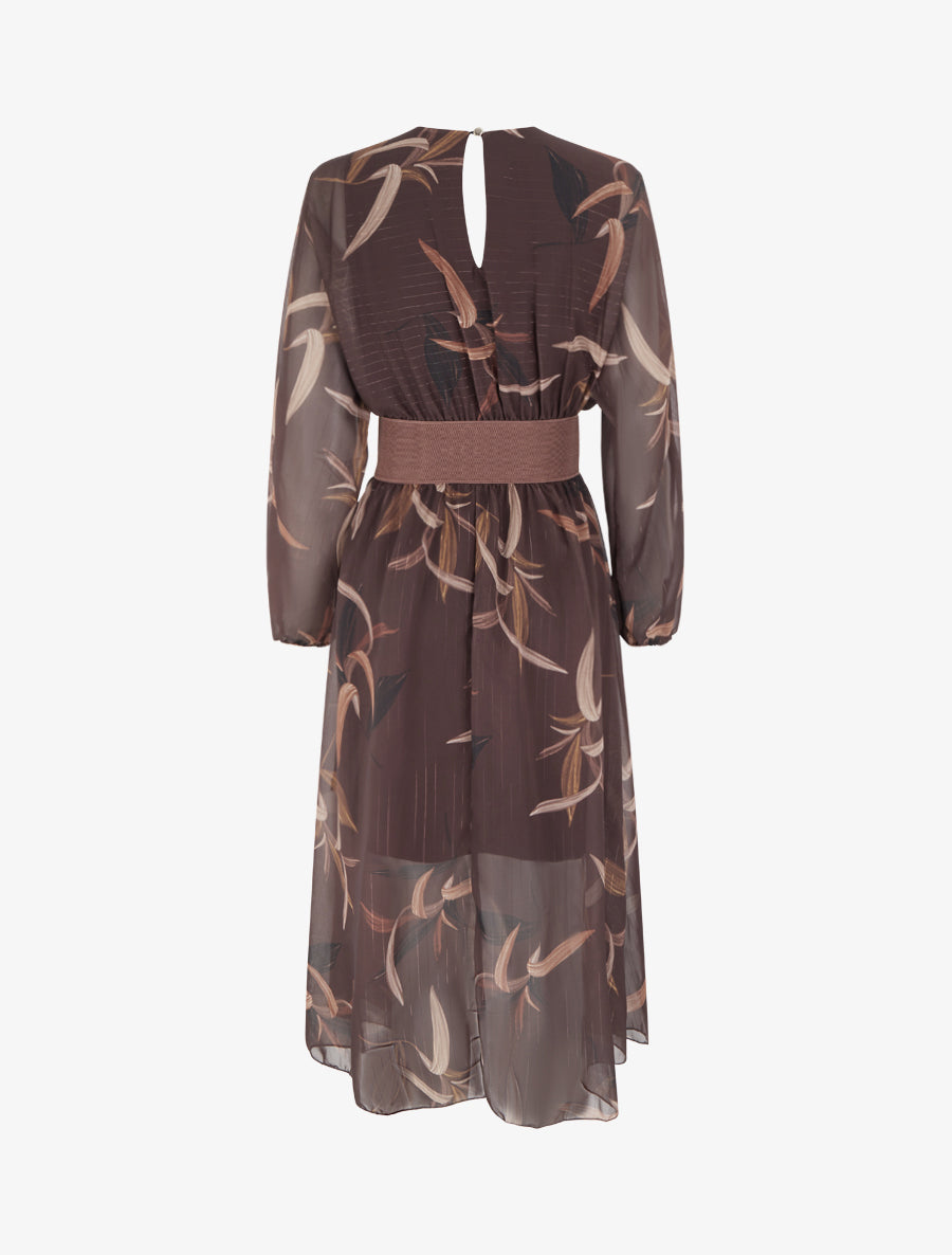 Robe longue imprimé feuilles à rayures irisées - Marron - 2