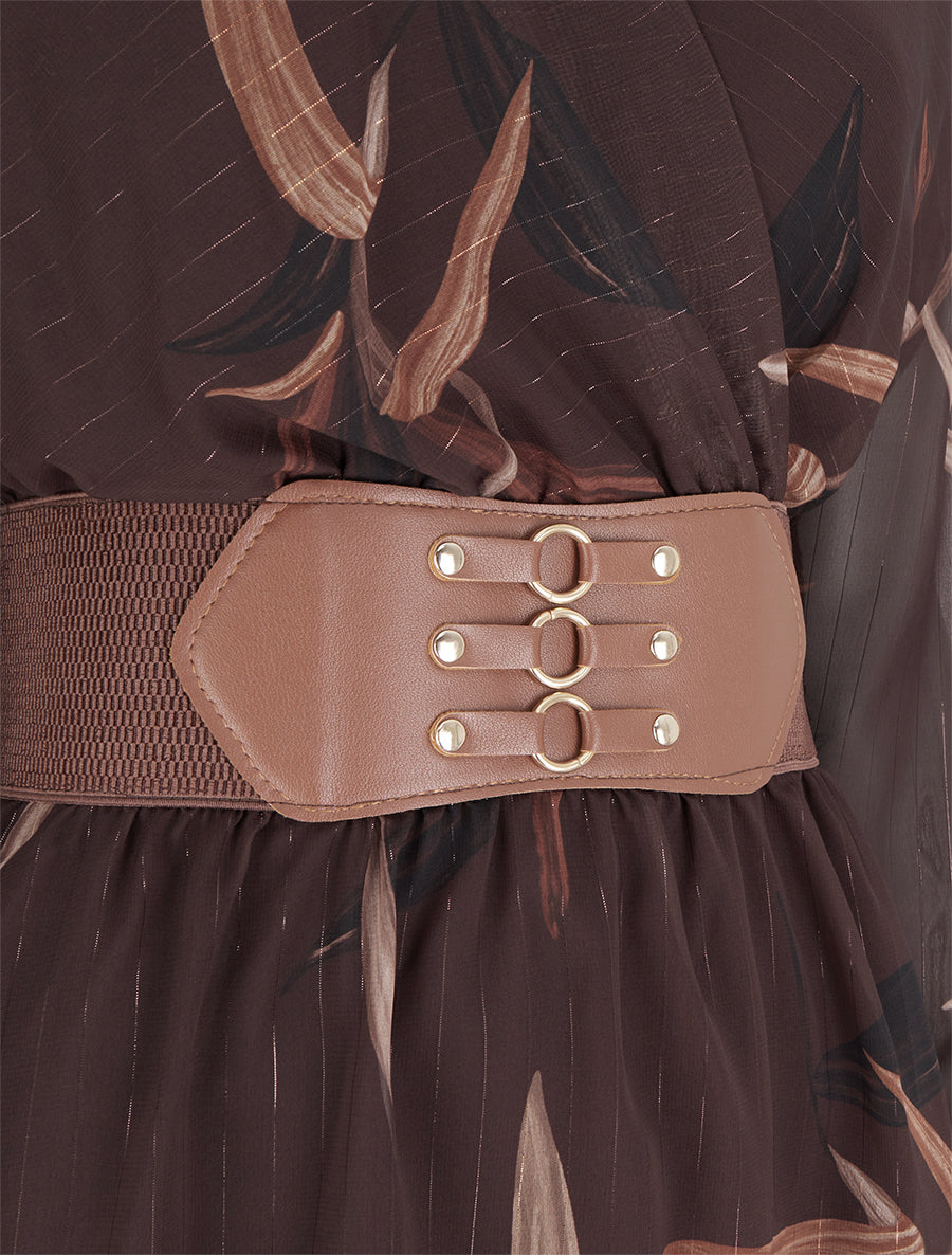 Robe longue imprimé feuilles à rayures irisées - Marron - 3