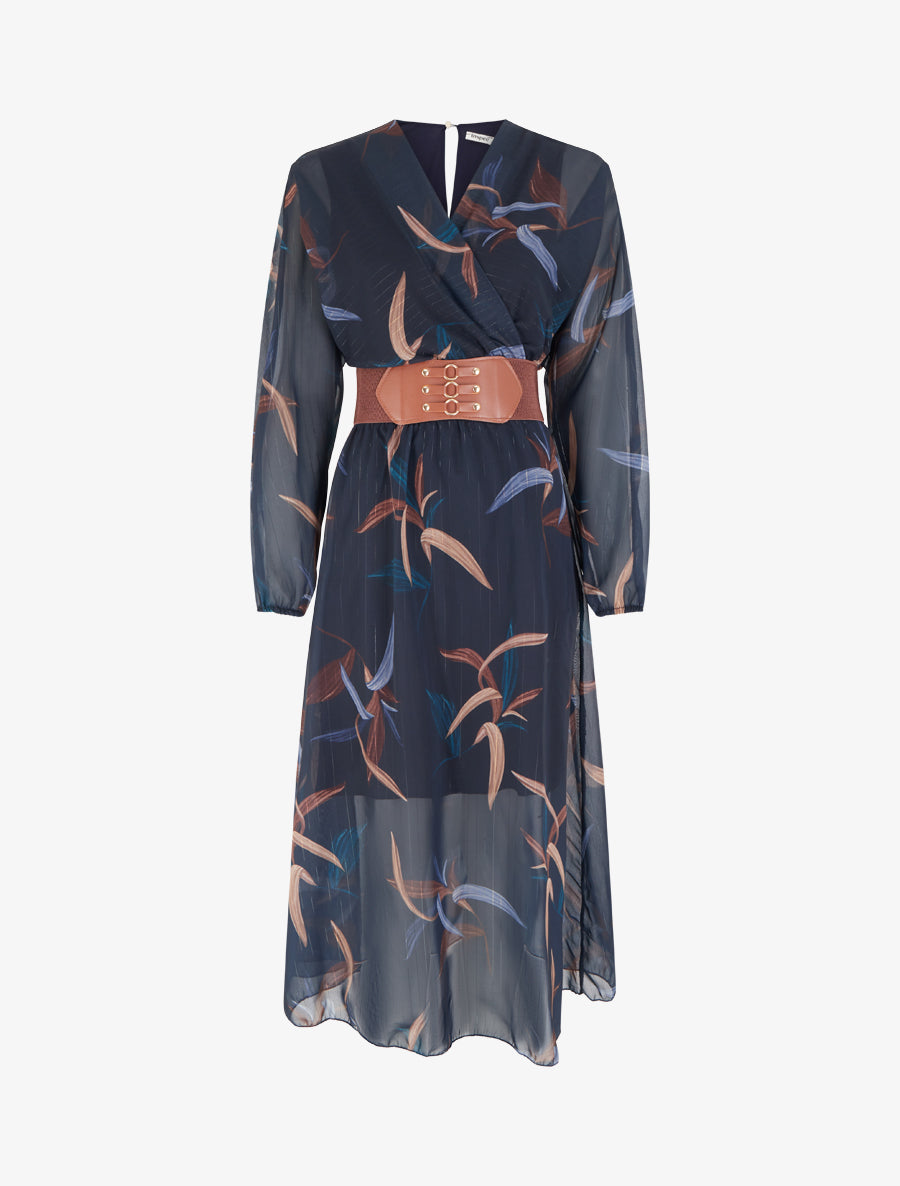 Robe longue imprimé feuilles à rayures irisées - Marine - 1