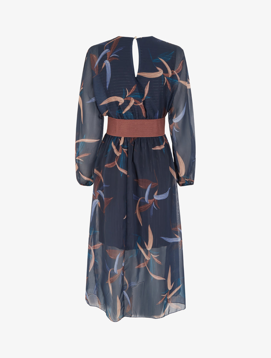 Robe longue imprimé feuilles à rayures irisées - Marine - 2