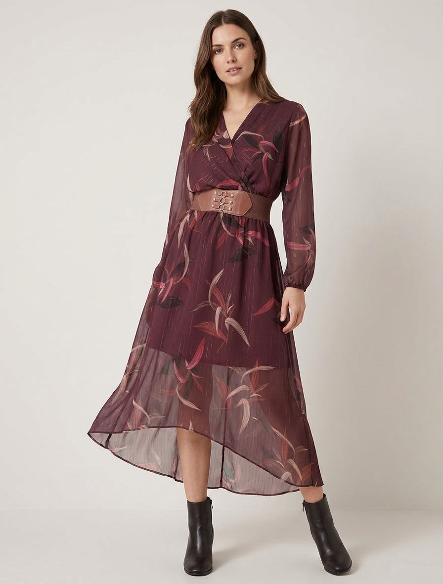Langes Kleid mit Blattdruck und schimmernden Streifen - Weinrot