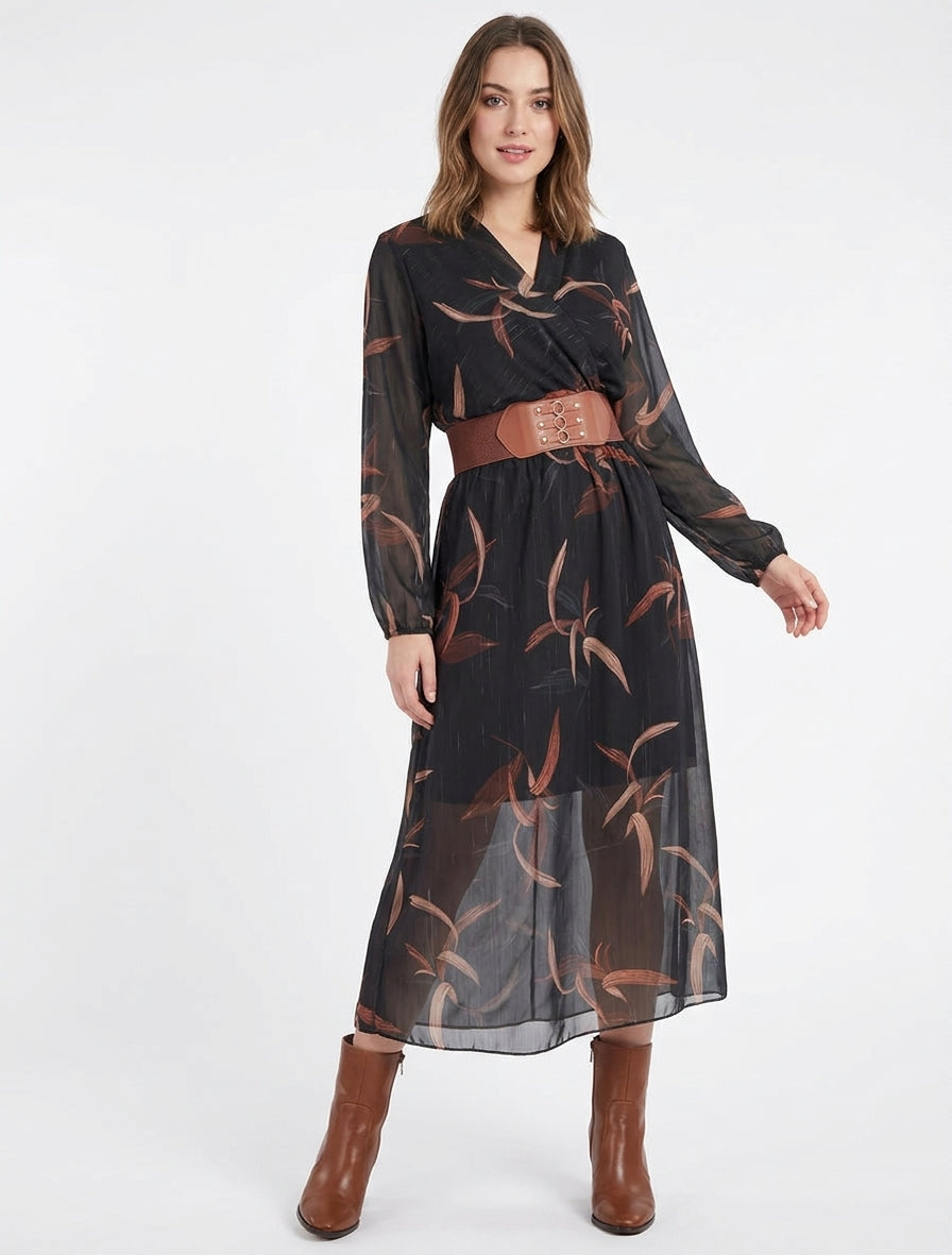 Langes Kleid mit Blattdruck und schimmernden Streifen - Schwarz