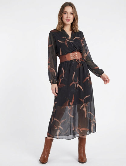 Langes Kleid mit Blattdruck und schimmernden Streifen - Schwarz