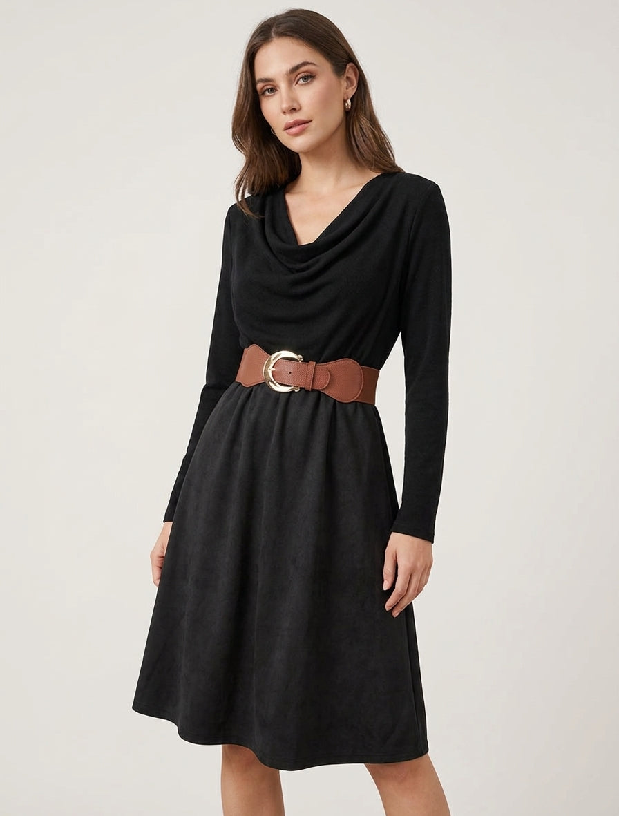 Zweiteiliges Kleid mit Wasserfallausschnitt - Schwarz