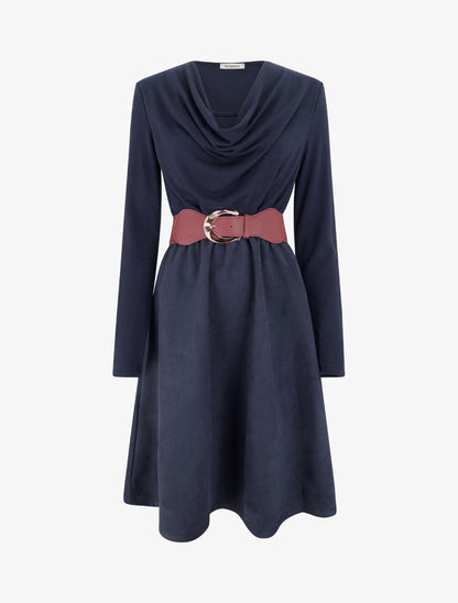 Robe bimatière à col bénitier - Marine - 1