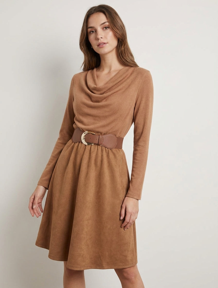 Zweiteiliges Kleid mit Wasserfallausschnitt - Kamel
