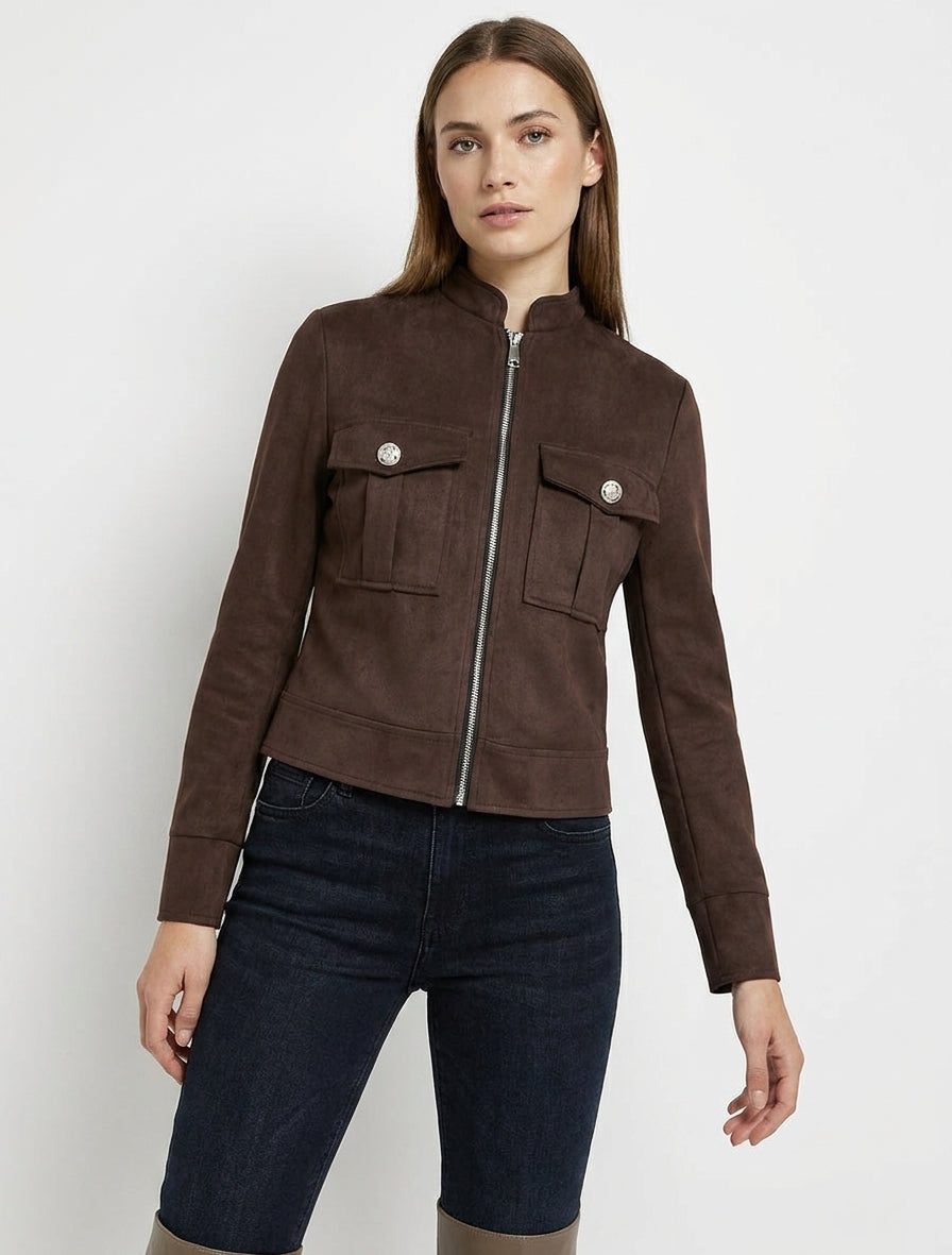 Reißverschlussjacke aus Wildlederimitat mit Klappentasche - Braun