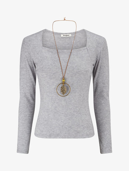 Pull fin à col carré - Gris clair - 1