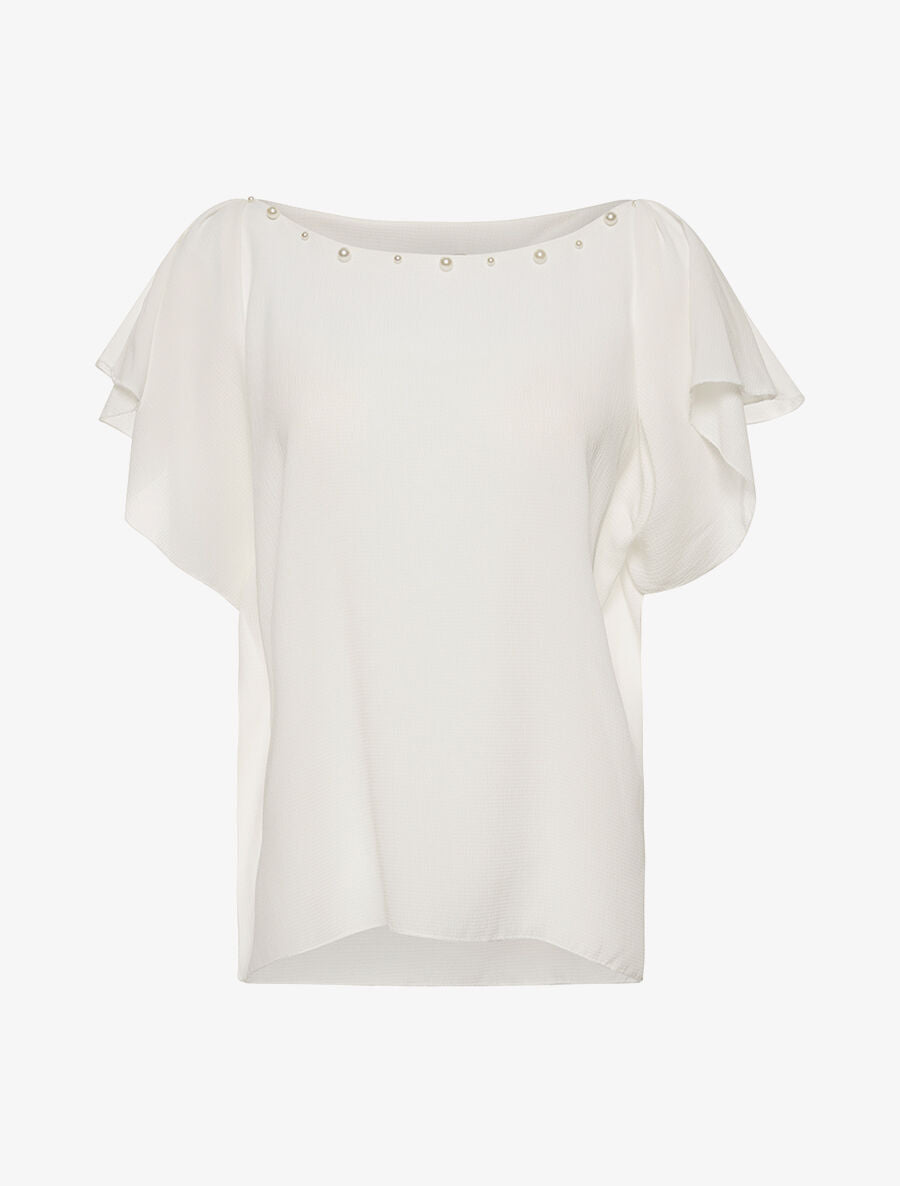 Blouse mousseline col perlé - blanc - 1